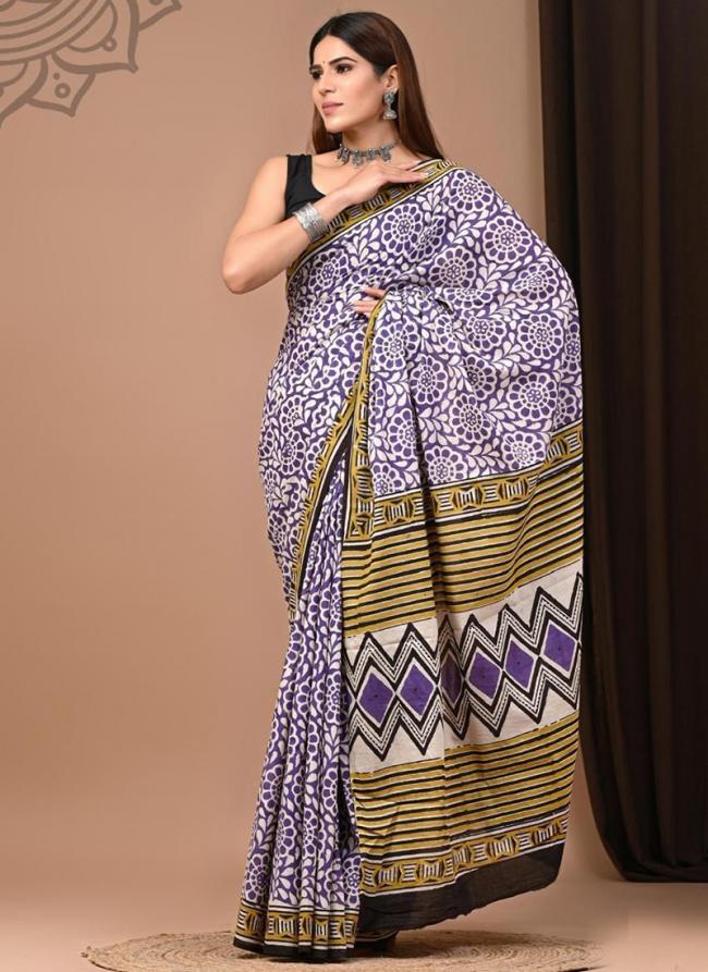 Cotton Mul Mul Purple Casual Wear Printed Saree